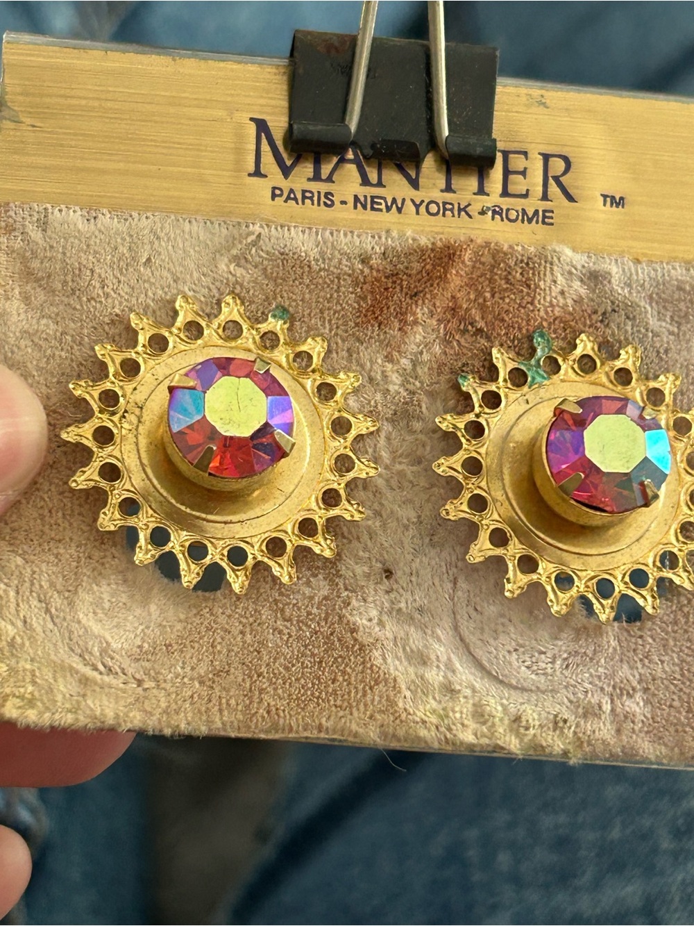 4/$50 Gold-Tone Sunburst Earrings with Pink Aurora Rhinestones - Picture 4 of 5